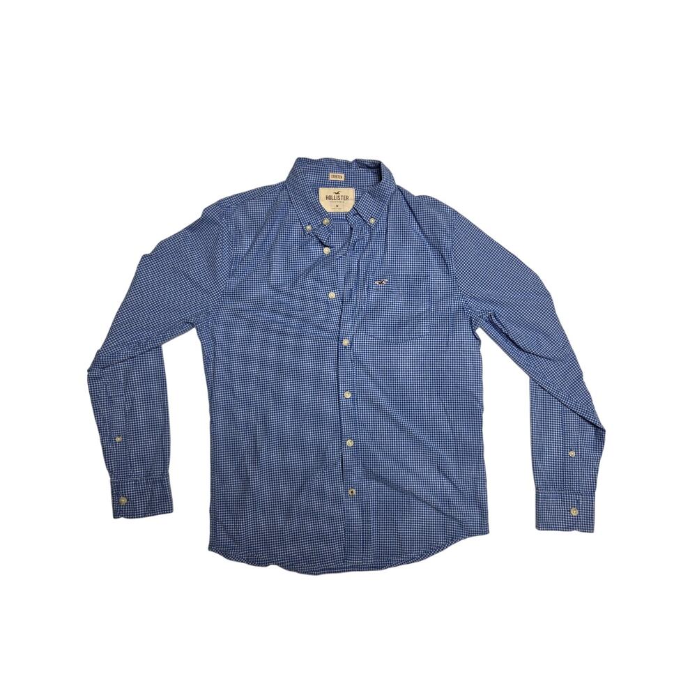 Hollister Blue Gingham Check Stretch Long Sleeve Button Down Shirt Men Size M
